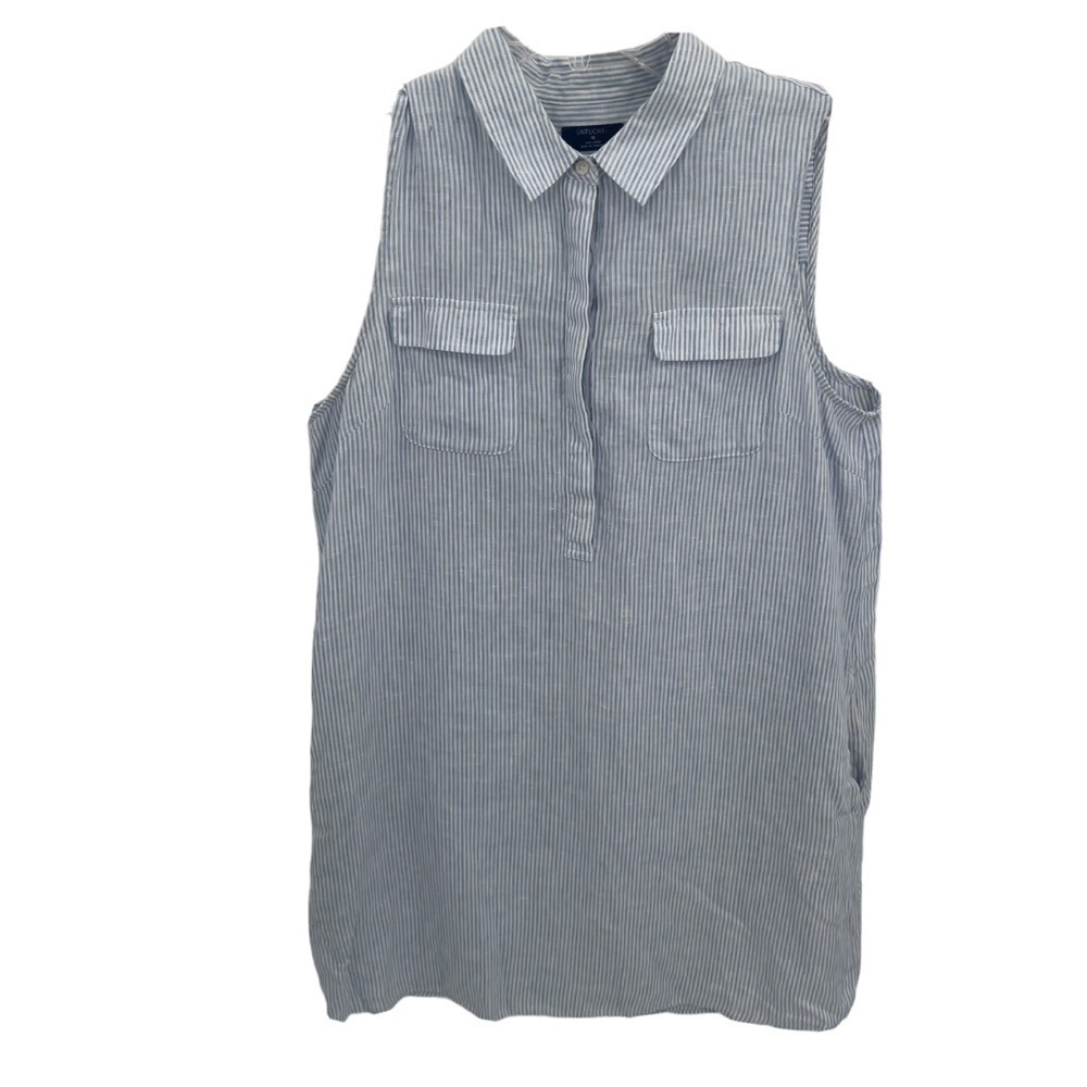 Untuckit blue Linen Button Down Shirt Dress Womens Size 12 sleeveless stripes